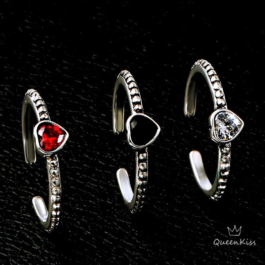 s925 Cool Vintage Minimalist Cubic Zircon Red Black White Adjustable Silver Ring