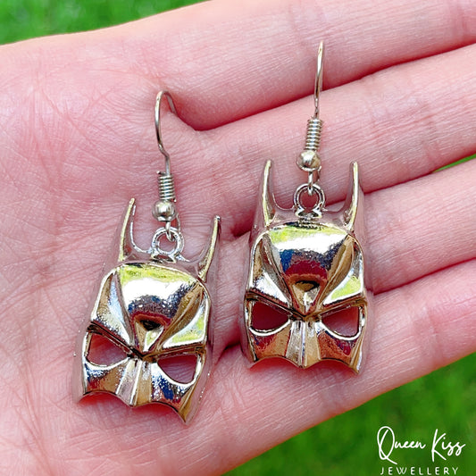 Cool B A T Man Mask Silver Earrings for Boyfriend Girlfriend Best friend Her Him -- He's back!!