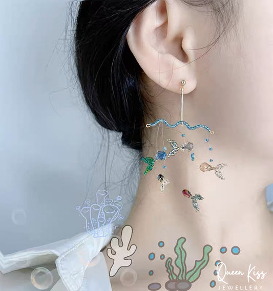 Handmade S925 Sterling Silver Artwork Artist Crystal Fish Swiming in The Ocean Long Earrings Beadwork Luxury Boho - Ocean Love!!