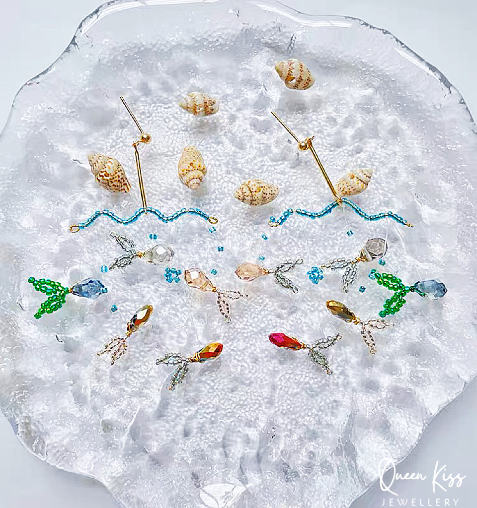 Handmade S925 Sterling Silver Artwork Artist Crystal Fish Swiming in The Ocean Long Earrings Beadwork Luxury Boho - Ocean Love!!