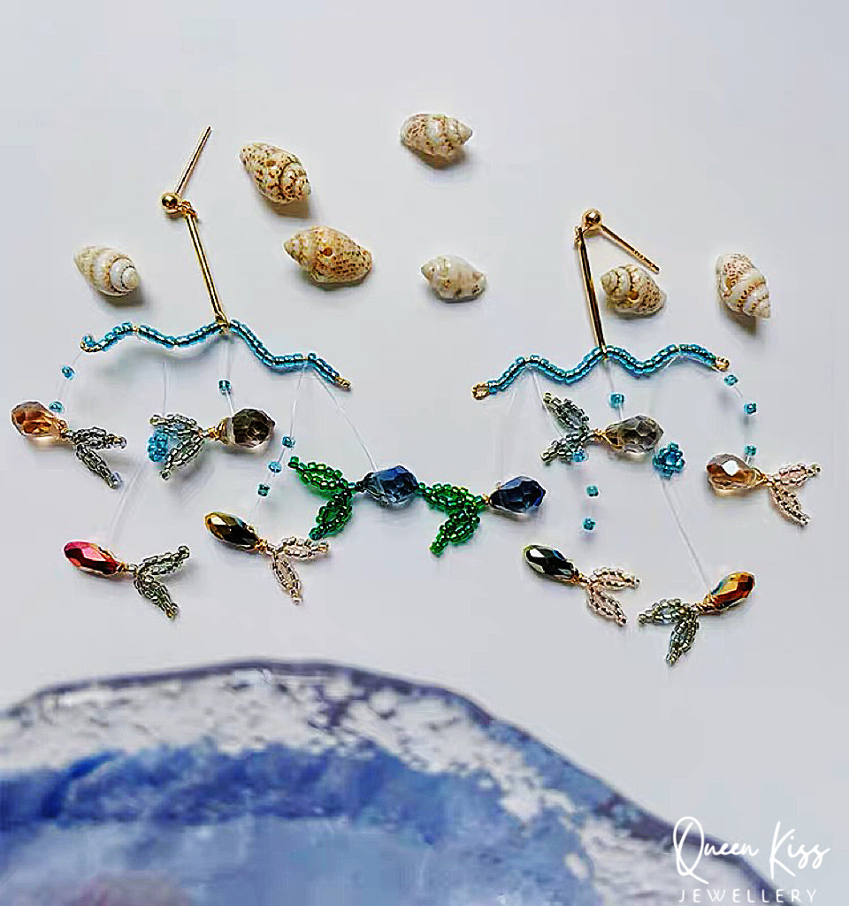 Handmade S925 Sterling Silver Artwork Artist Crystal Fish Swiming in The Ocean Long Earrings Beadwork Luxury Boho - Ocean Love!!