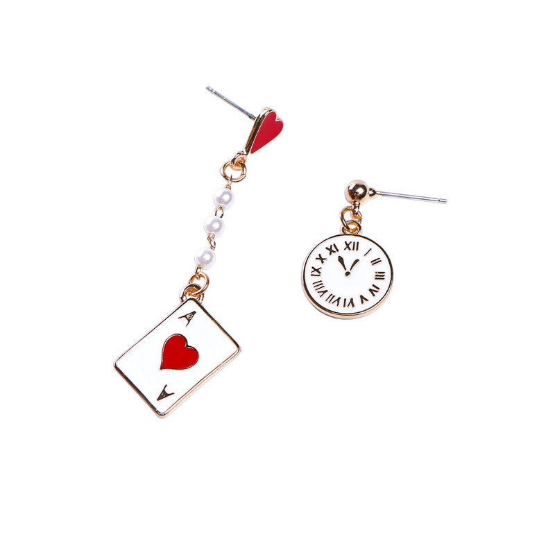Cute Red Heart Poker Card Ace and Clock Earrings -- Will you still love me tomorrow!!