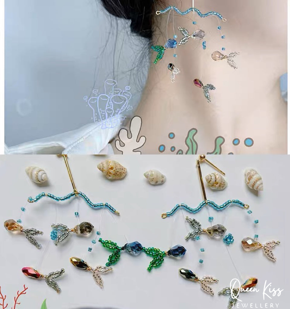 Handmade S925 Sterling Silver Artwork Artist Crystal Fish Swiming in The Ocean Long Earrings Beadwork Luxury Boho - Ocean Love!!