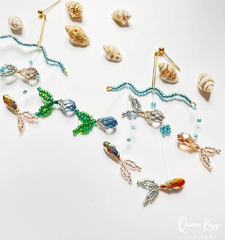 Handmade S925 Sterling Silver Artwork Artist Crystal Fish Swiming in The Ocean Long Earrings Beadwork Luxury Boho - Ocean Love!!