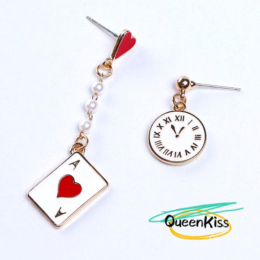 Cute Red Heart Poker Card Ace and Clock Earrings -- Will you still love me tomorrow!!