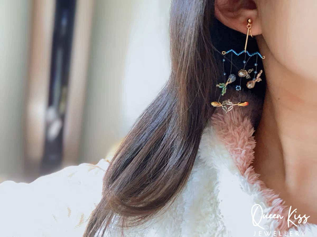 Handmade S925 Sterling Silver Artwork Artist Crystal Fish Swiming in The Ocean Long Earrings Beadwork Luxury Boho - Ocean Love!!