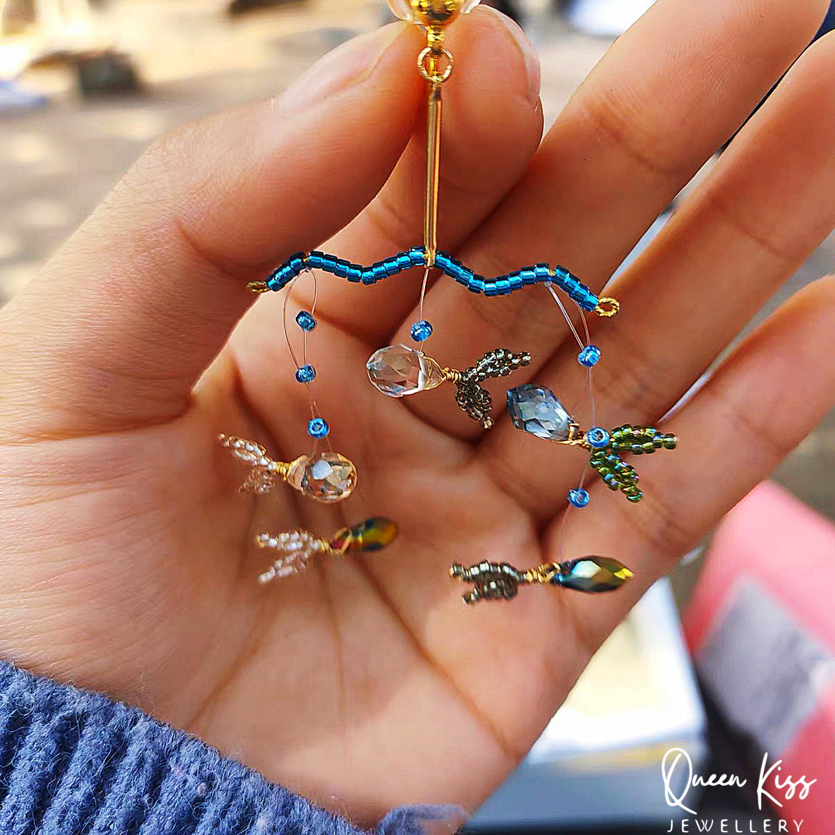 Handmade S925 Sterling Silver Artwork Artist Crystal Fish Swiming in The Ocean Long Earrings Beadwork Luxury Boho - Ocean Love!!