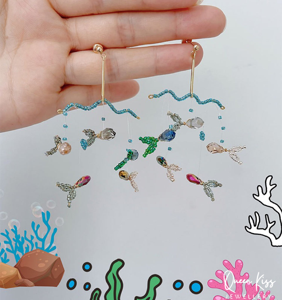 Handmade S925 Sterling Silver Artwork Artist Crystal Fish Swiming in The Ocean Long Earrings Beadwork Luxury Boho - Ocean Love!!