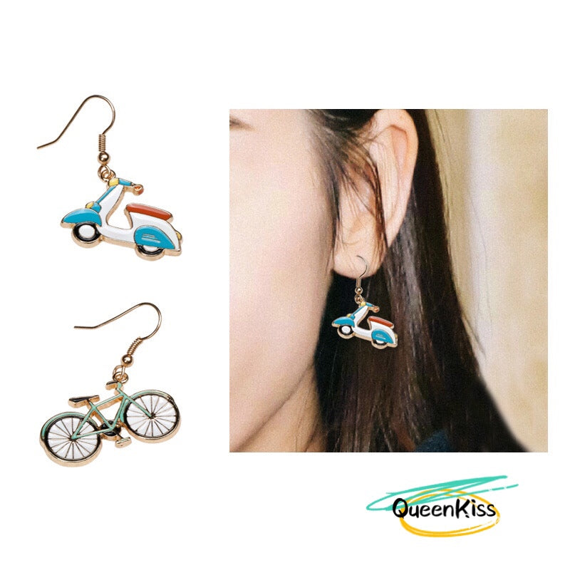 Enamel Cute Romantic Bike Bicycle and Automobile French Earrings -- Love in the City!!