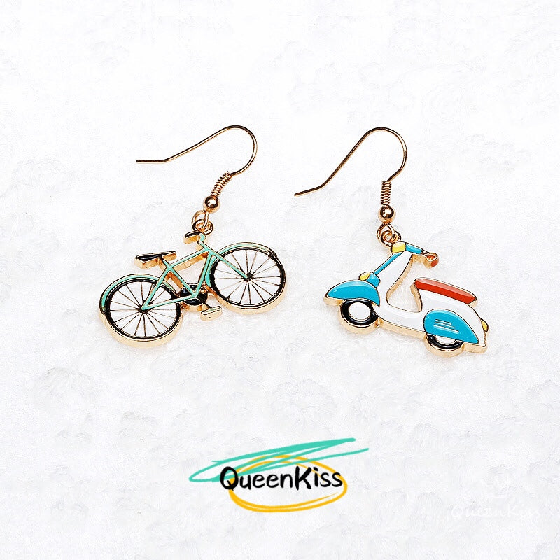 Enamel Cute Romantic Bike Bicycle and Automobile French Earrings -- Love in the City!!