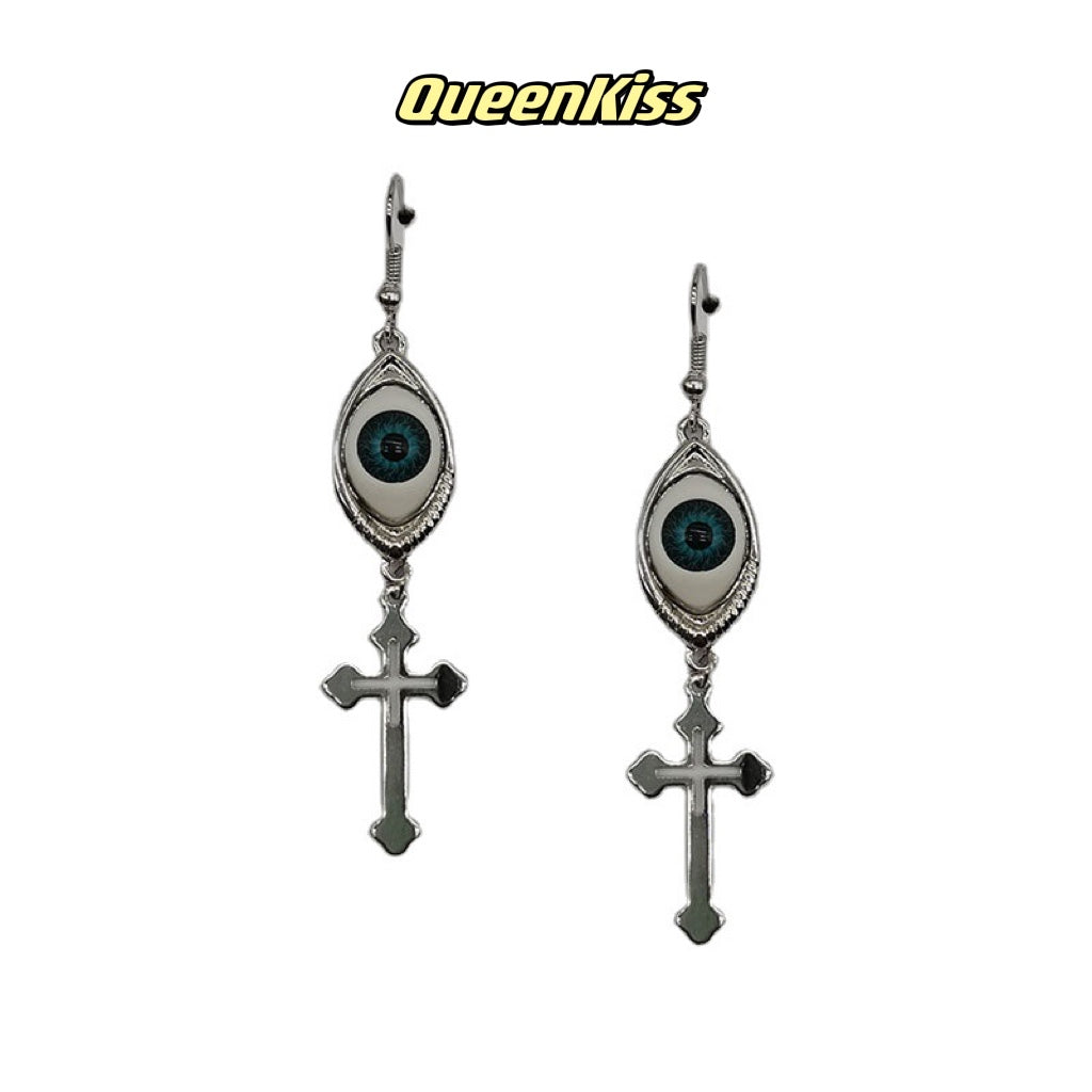 Quirky Blue Eyes and Cross Gothic Dangle Earrings Creepy Goth Grunge Earrings