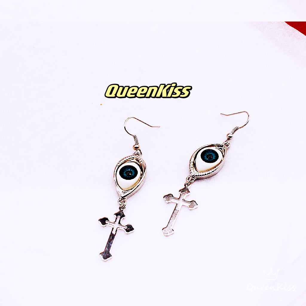Quirky Blue Eyes and Cross Gothic Dangle Earrings Creepy Goth Grunge Earrings