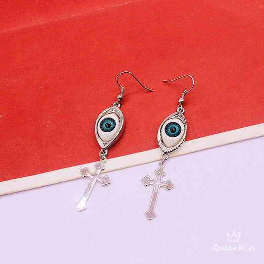Quirky Blue Eyes and Cross Gothic Dangle Earrings Creepy Goth Grunge Earrings