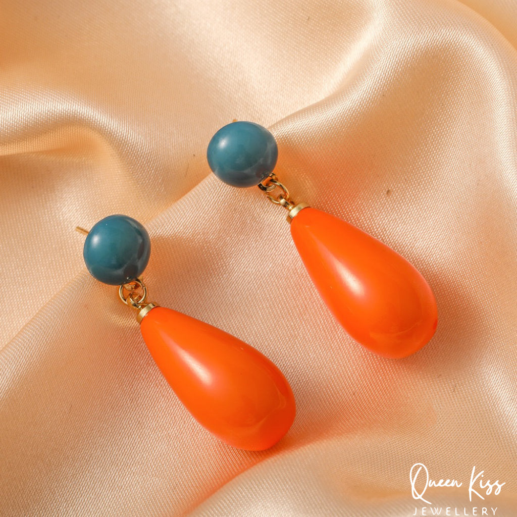 Cute Light Trendy Adorable Acrylic Teal and Oval Orange Earrings - Perfect Lady!!