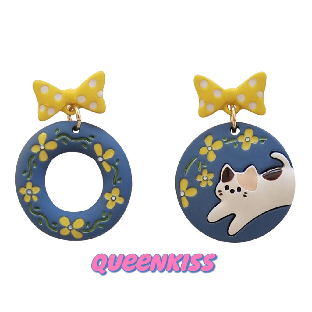 Super Cute Resting Kitty and Fun Flower Love Earrings -- Fun Time!!