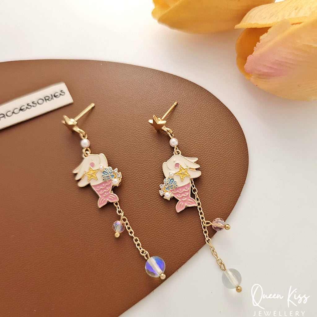 Super Cute Rabbit Bunny Playing Little Mermaid Ocean Theme Earrings -- Love You To The Deep Ocean and Back!!