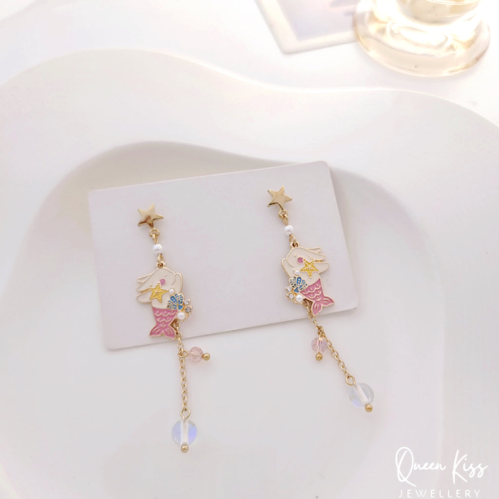 Super Cute Rabbit Bunny Playing Little Mermaid Ocean Theme Earrings -- Love You To The Deep Ocean and Back!!