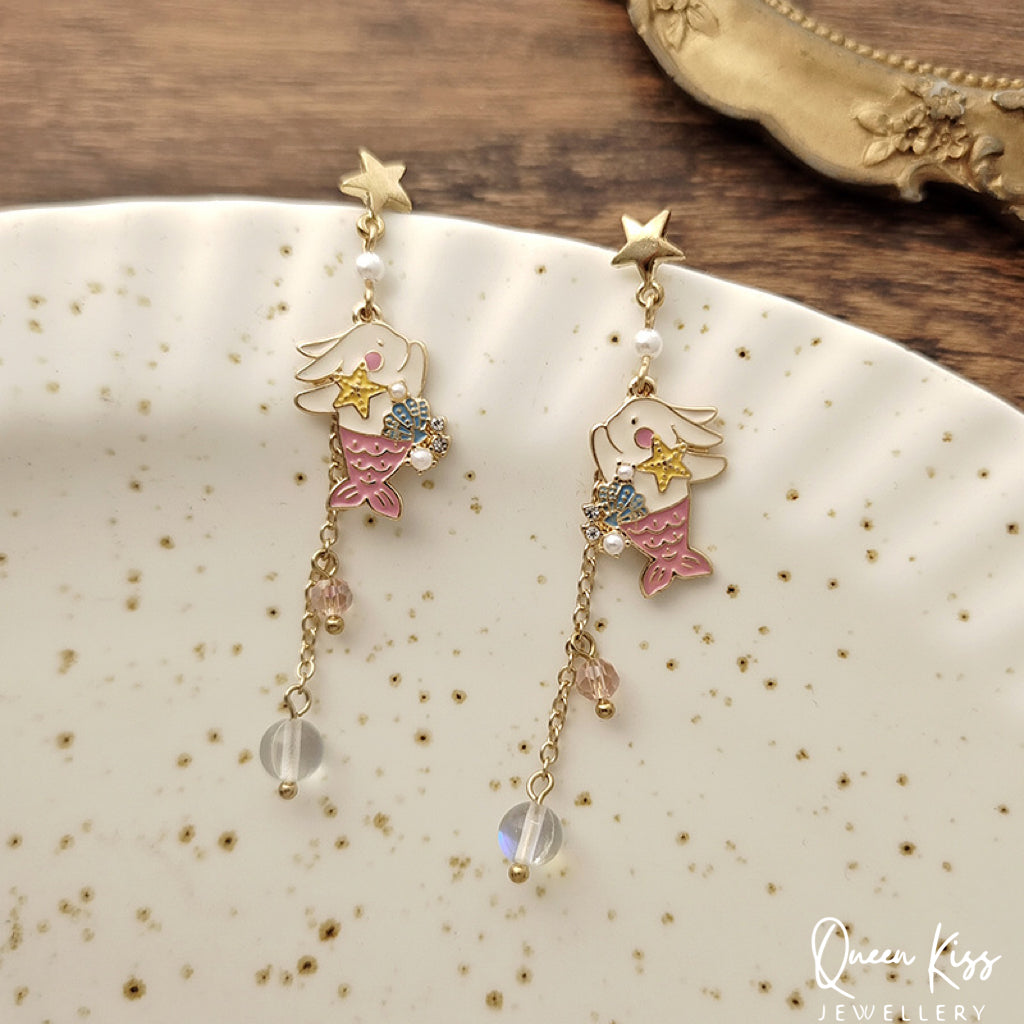 Super Cute Rabbit Bunny Playing Little Mermaid Ocean Theme Earrings -- Love You To The Deep Ocean and Back!!