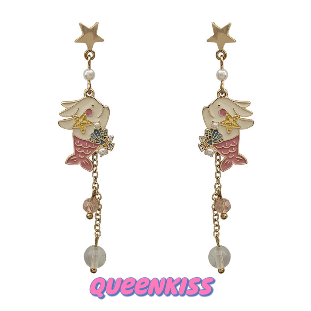 Super Cute Rabbit Bunny Playing Little Mermaid Ocean Theme Earrings -- Love You To The Deep Ocean and Back!!