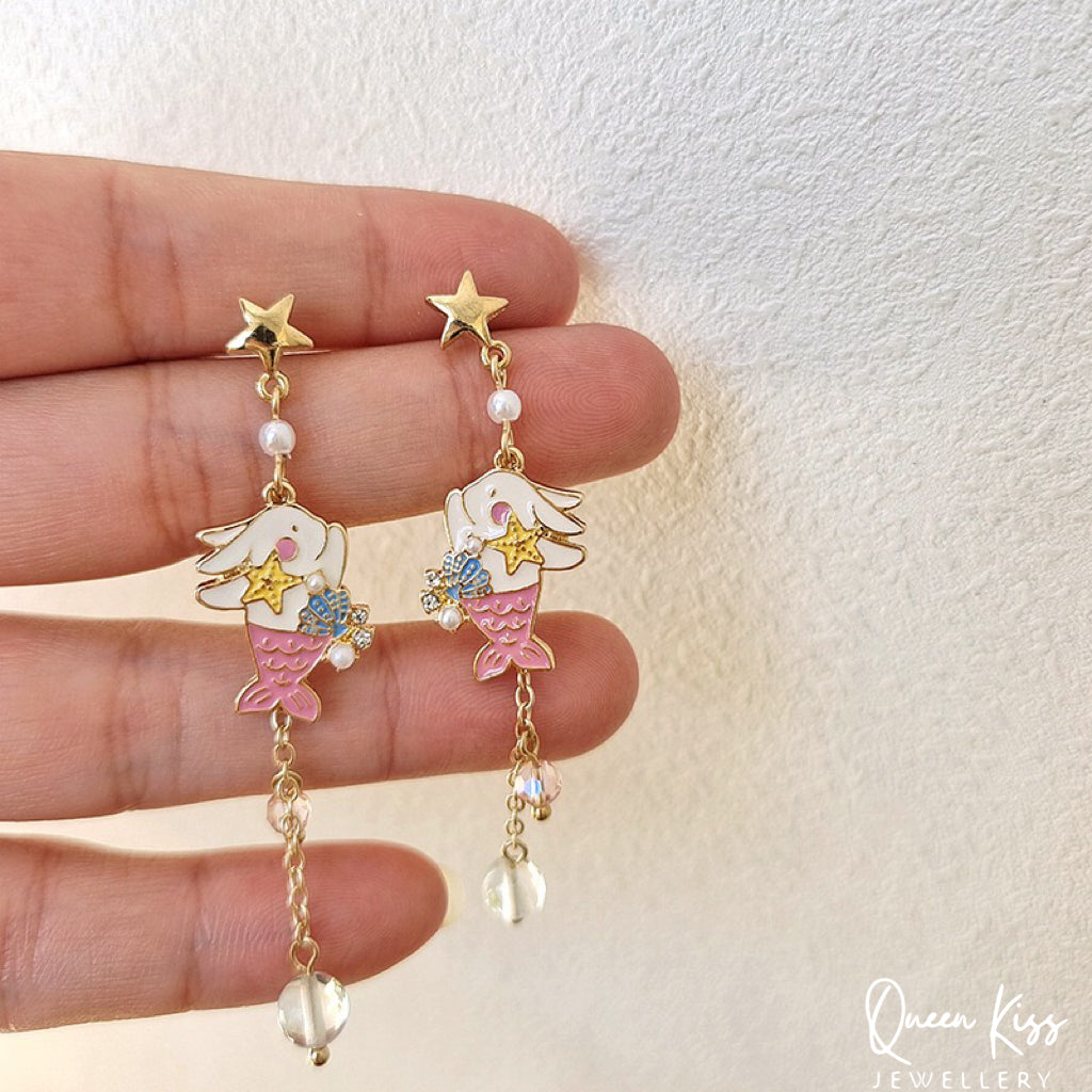 Super Cute Rabbit Bunny Playing Little Mermaid Ocean Theme Earrings -- Love You To The Deep Ocean and Back!!