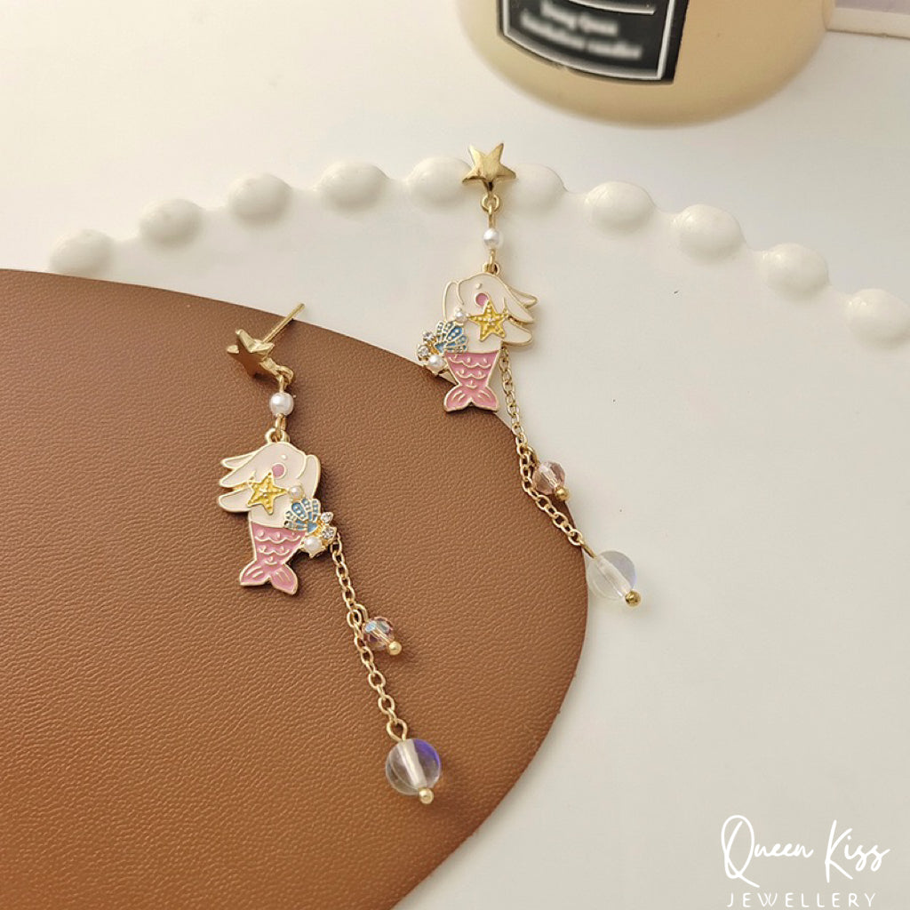 Super Cute Rabbit Bunny Playing Little Mermaid Ocean Theme Earrings -- Love You To The Deep Ocean and Back!!