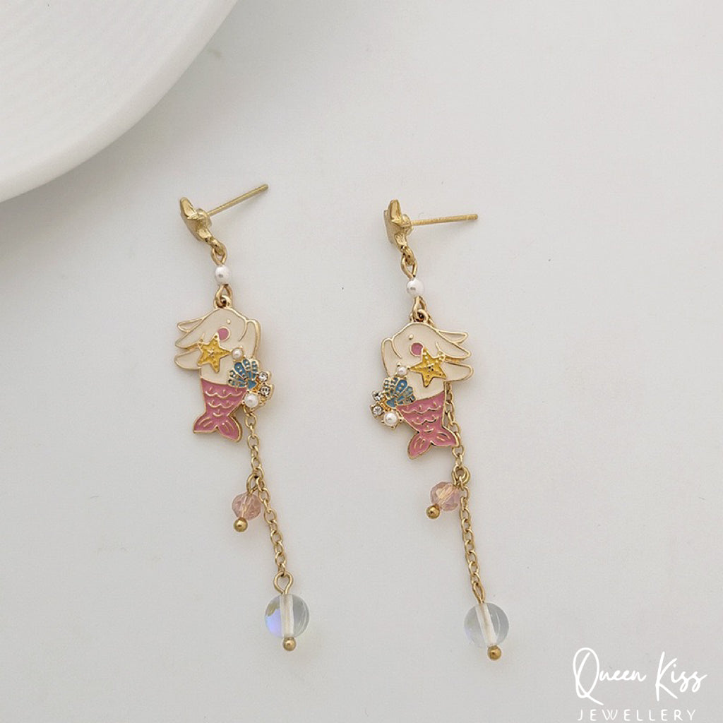 Super Cute Rabbit Bunny Playing Little Mermaid Ocean Theme Earrings -- Love You To The Deep Ocean and Back!!