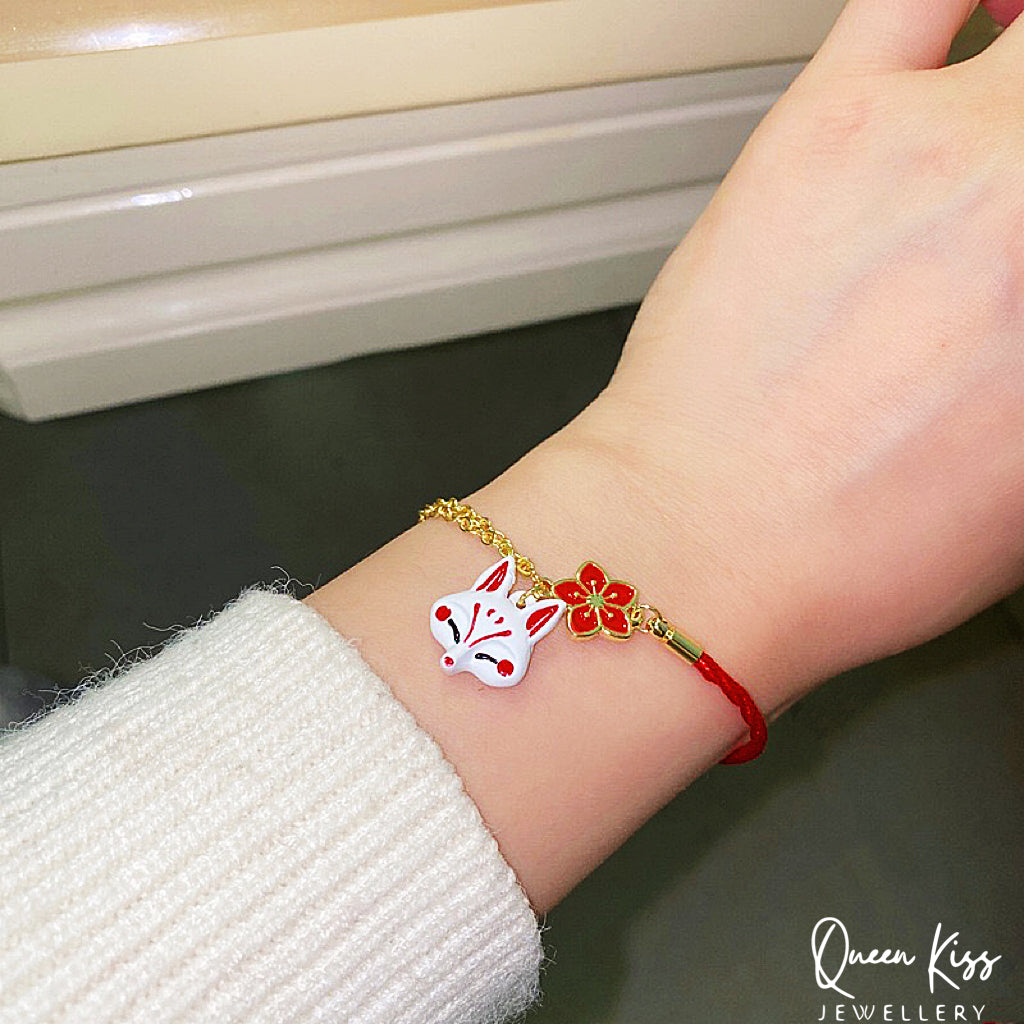 Cute Adorable Japanese Style Fox and Sakura Bracelet Adjustable Length Lovely Bracelet - Bunny You And Me!