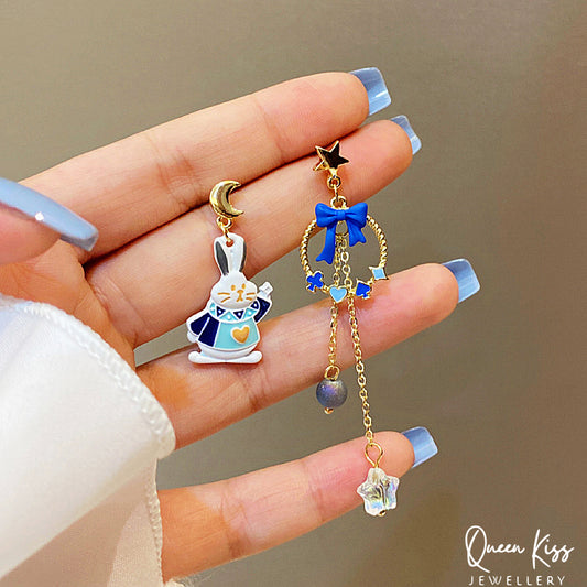 Super Cute Blue Bunny Moon and Star Bowknot Love Earrings -- Magical Life!!