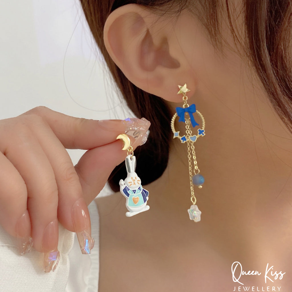 Super Cute Blue Bunny Moon and Star Bowknot Love Earrings -- Magical Life!!