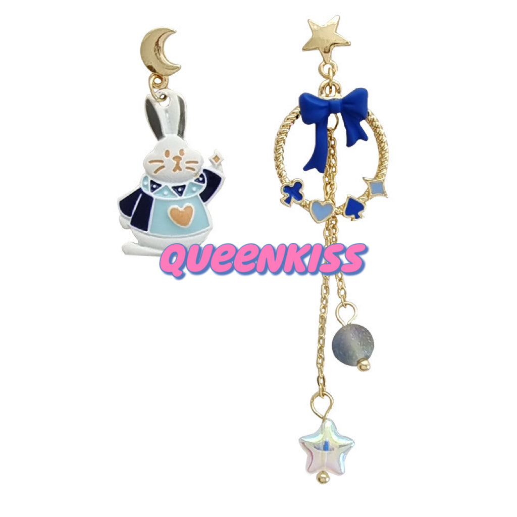 Super Cute Blue Bunny Moon and Star Bowknot Love Earrings -- Magical Life!!