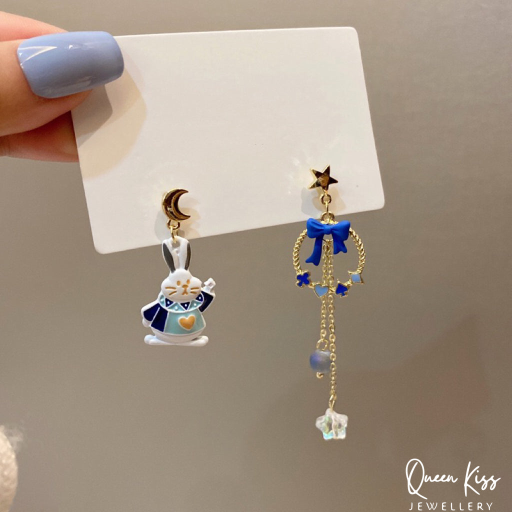 Super Cute Blue Bunny Moon and Star Bowknot Love Earrings -- Magical Life!!