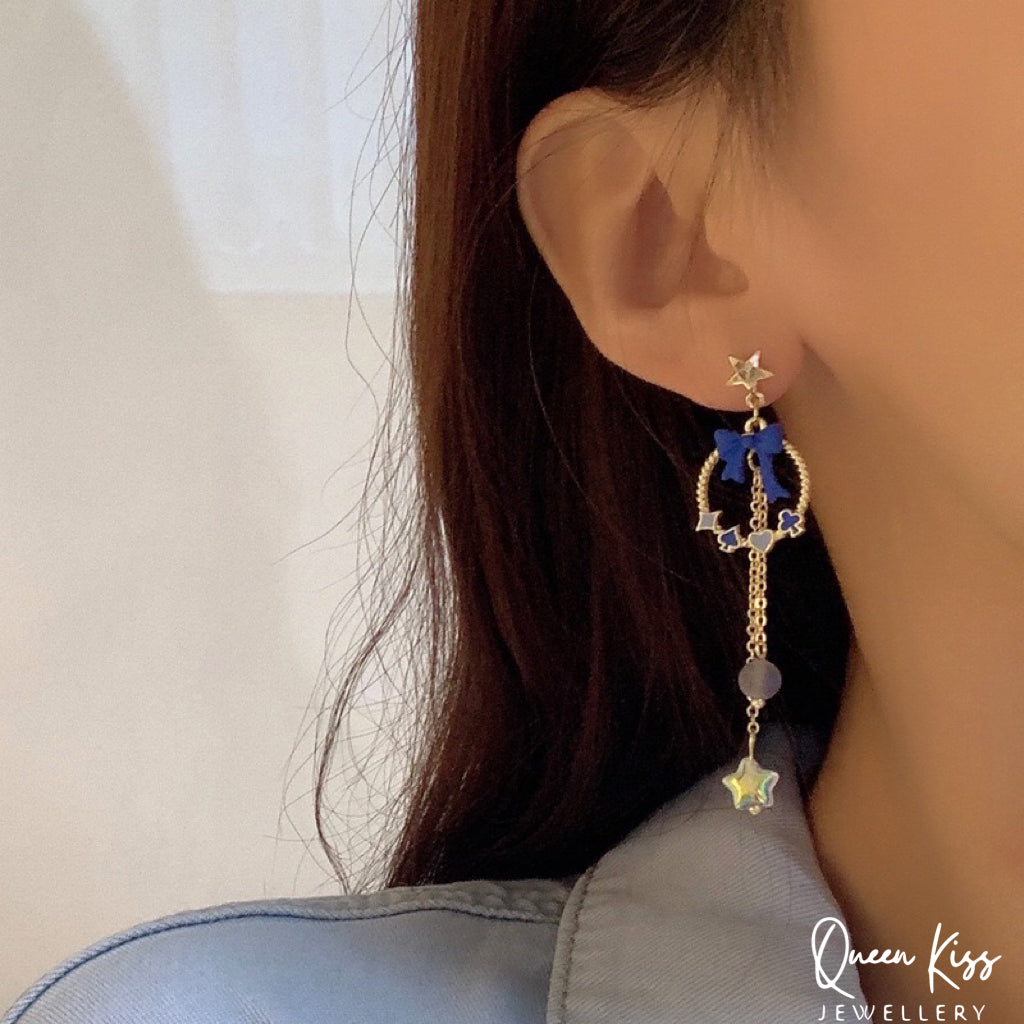Super Cute Blue Bunny Moon and Star Bowknot Love Earrings -- Magical Life!!