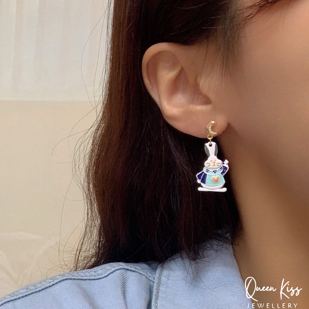 Super Cute Blue Bunny Moon and Star Bowknot Love Earrings -- Magical Life!!
