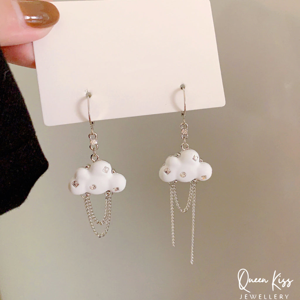 Super Cute White Bling Cloud Tessel Earrings -- Sky Life!!