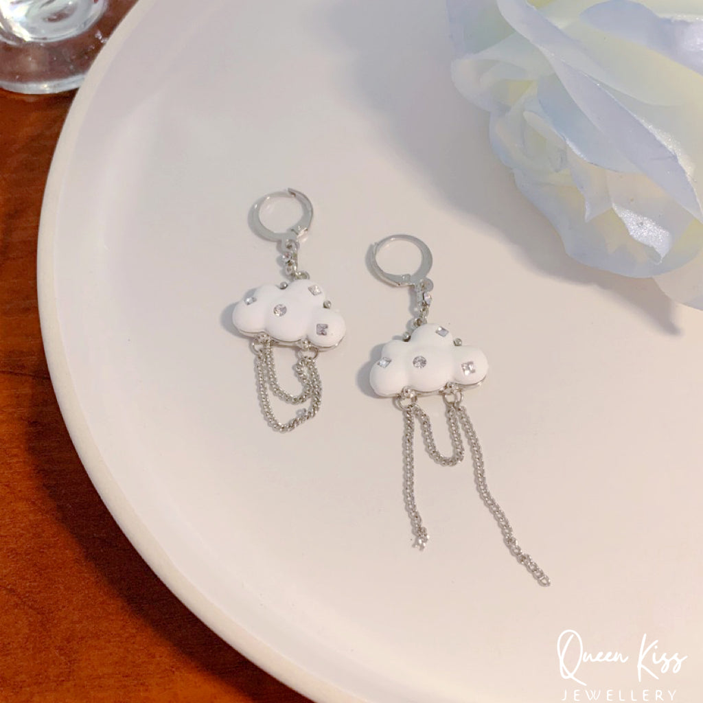 Super Cute White Bling Cloud Tessel Earrings -- Sky Life!!