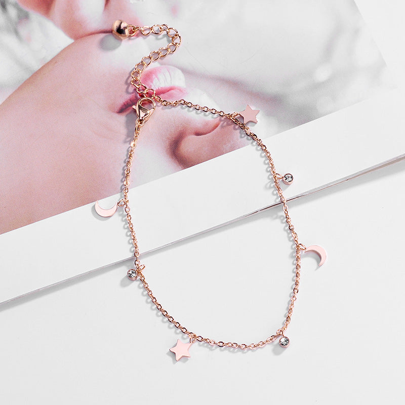 Titanium Steel Rosegold Not Losing Color Moon Star Sparkling Gems Anklet Gift for Girlfriend Sister Mother Daughter Her--Heart Beating Luv