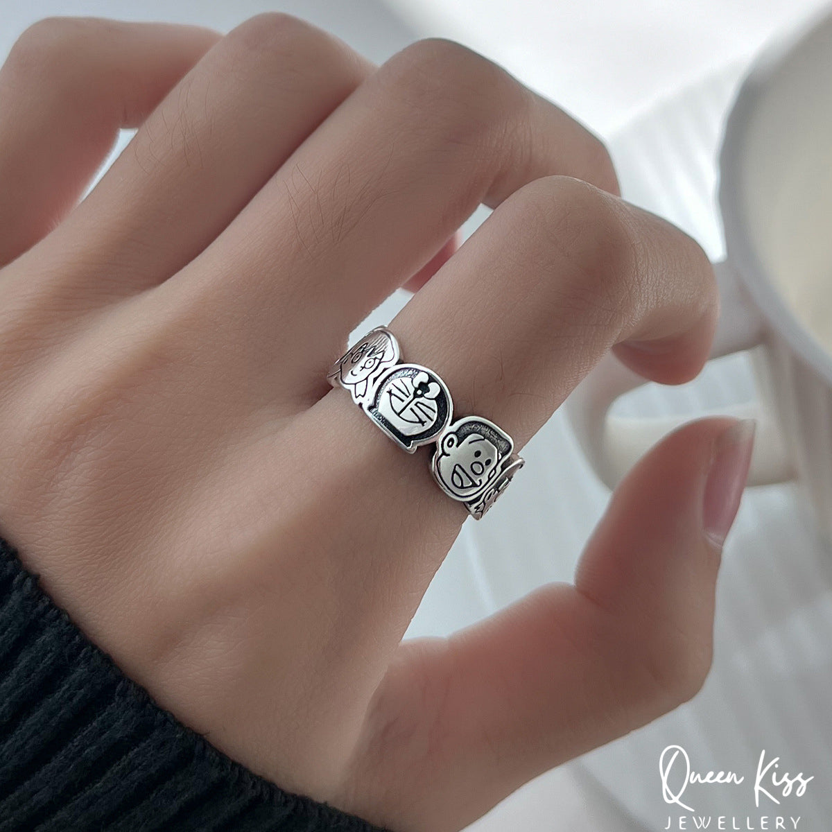 S925 Sterling Silver Vintage Adorable Doraemon and His Best Friends Ring Adjustable Silver Ring