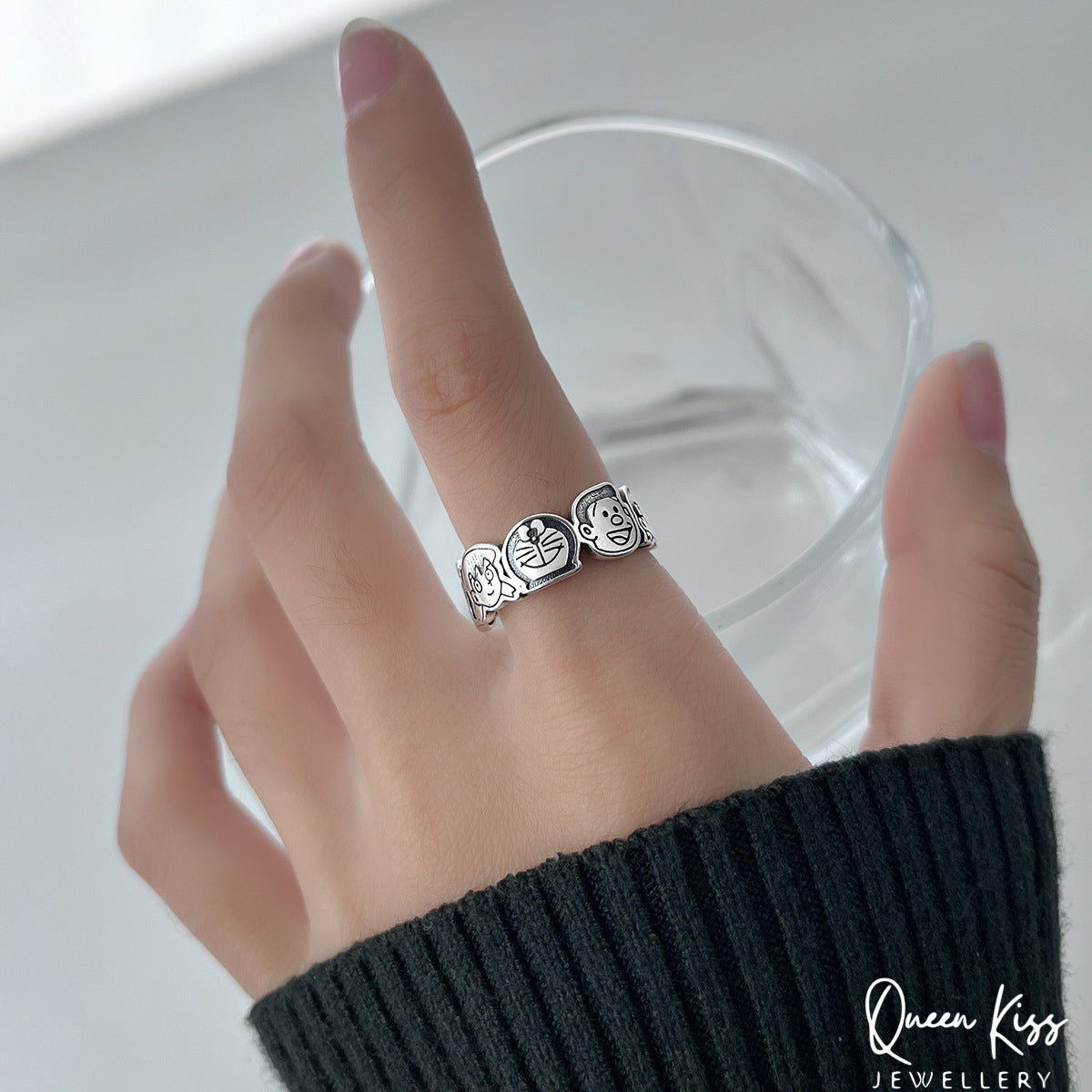 S925 Sterling Silver Vintage Adorable Doraemon and His Best Friends Ring Adjustable Silver Ring