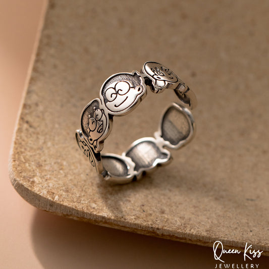 S925 Sterling Silver Vintage Adorable Doraemon and His Best Friends Ring Adjustable Silver Ring