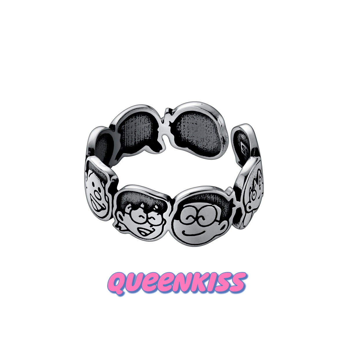 S925 Sterling Silver Vintage Adorable Doraemon and His Best Friends Ring Adjustable Silver Ring