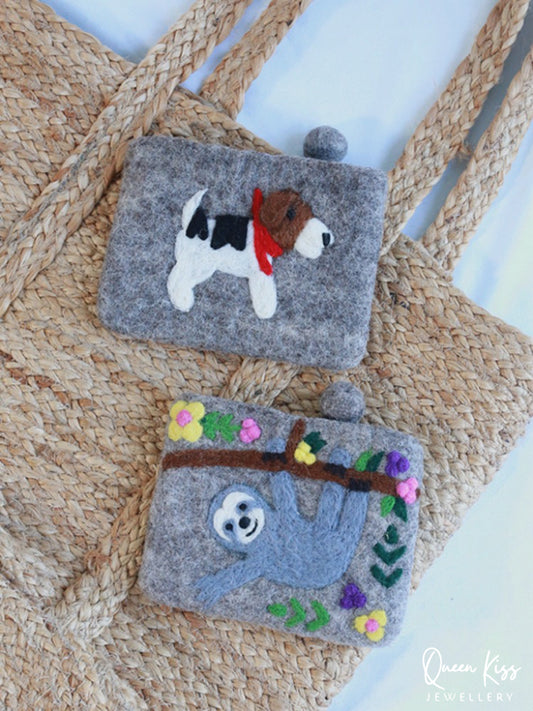 Cute Adorable Handmade Wool Felt Purse Bag Pouch High Quality Beagle Sloth Gift for her him -- Cute Babies!!
