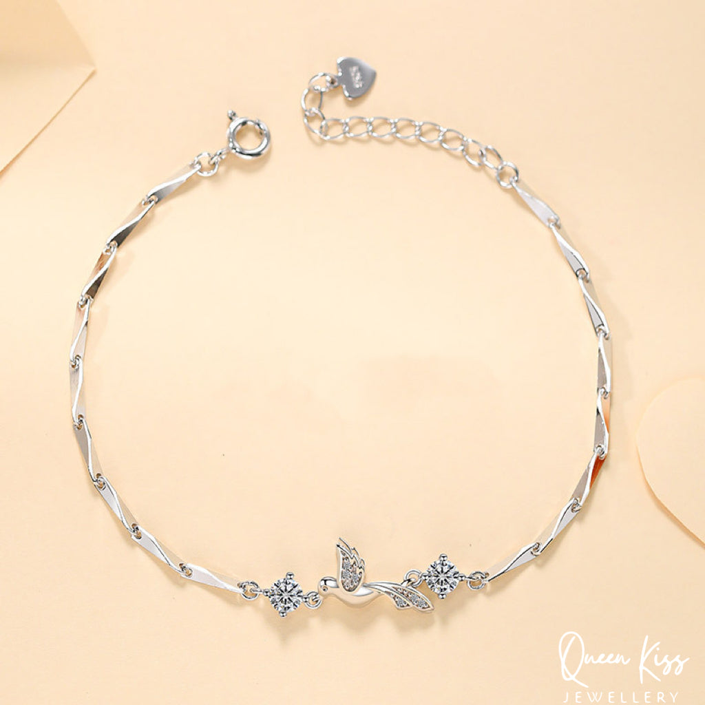 Swarovski Elements Crystal Clear Bird Shape 925 Sterling Silver Plated Bracelet - Flying Heart!!