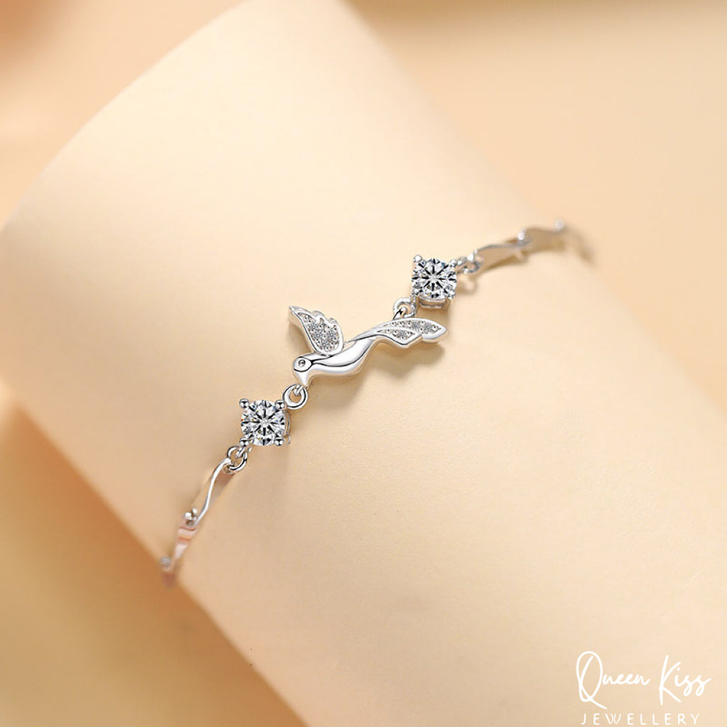 Swarovski Elements Crystal Clear Bird Shape 925 Sterling Silver Plated Bracelet - Flying Heart!!