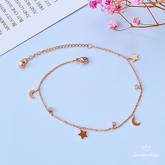 Titanium Steel Rosegold Not Losing Color Moon Star Sparkling Gems Anklet Gift for Girlfriend Sister Mother Daughter Her--Heart Beating Luv