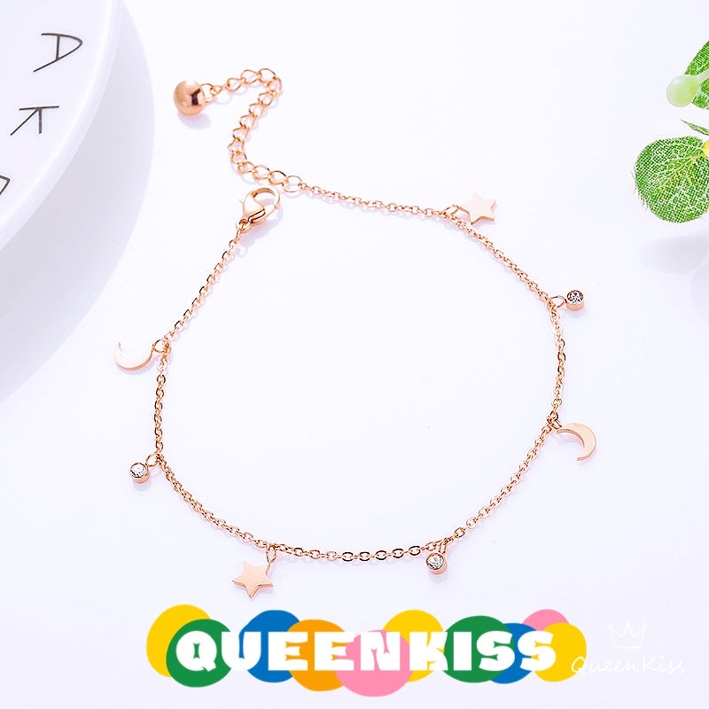Titanium Steel Rosegold Not Losing Color Moon Star Sparkling Gems Anklet Gift for Girlfriend Sister Mother Daughter Her--Heart Beating Luv