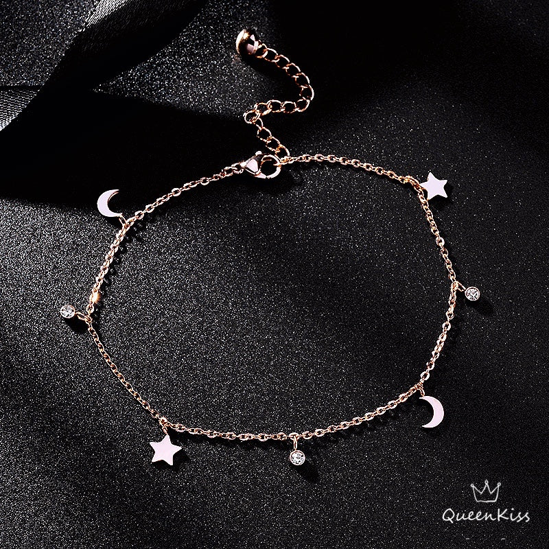 Titanium Steel Rosegold Not Losing Color Moon Star Sparkling Gems Anklet Gift for Girlfriend Sister Mother Daughter Her--Heart Beating Luv