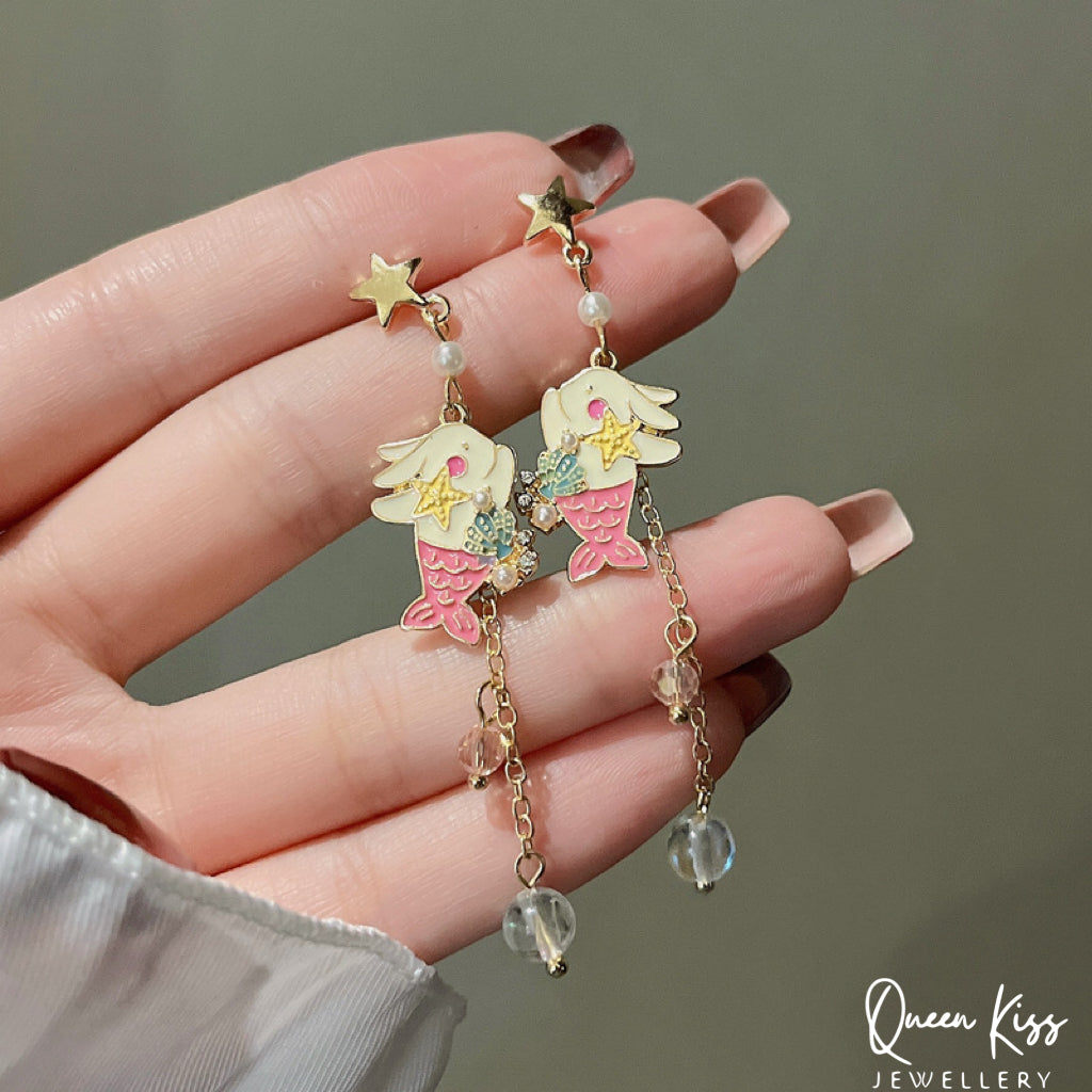 Super Cute Rabbit Bunny Playing Little Mermaid Ocean Theme Earrings -- Love You To The Deep Ocean and Back!!