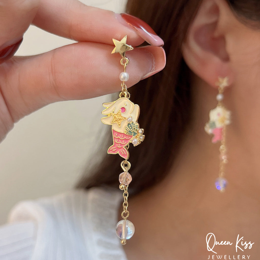 Super Cute Rabbit Bunny Playing Little Mermaid Ocean Theme Earrings -- Love You To The Deep Ocean and Back!!