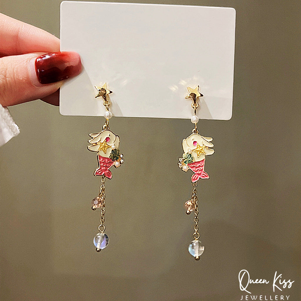 Super Cute Rabbit Bunny Playing Little Mermaid Ocean Theme Earrings -- Love You To The Deep Ocean and Back!!