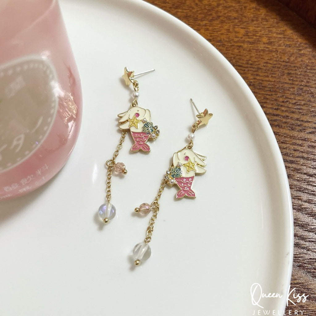 Super Cute Rabbit Bunny Playing Little Mermaid Ocean Theme Earrings -- Love You To The Deep Ocean and Back!!